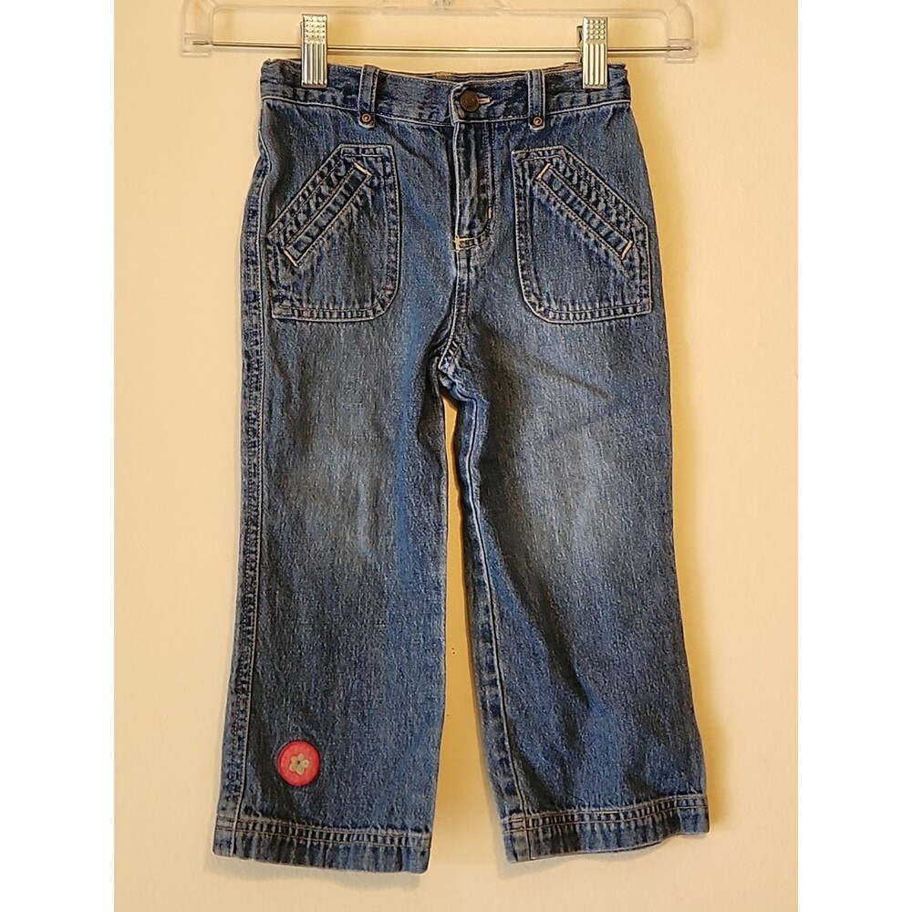 Vintage Genuine Kids OshKosh Girls Jeans 3T Adjustable Waist Flower Patch Y2K